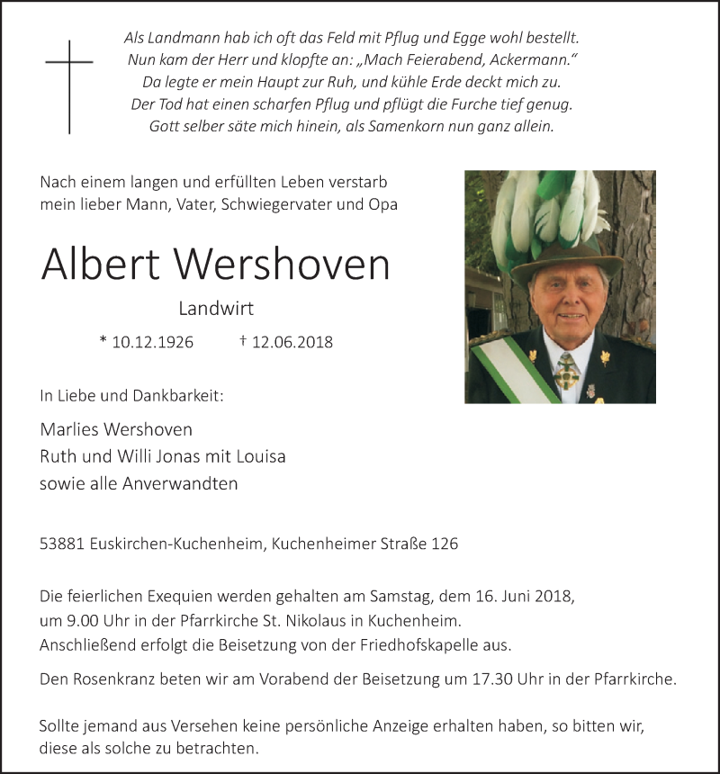  Traueranzeige für Albert Wershoven vom 16.06.2018 aus  Blickpunkt Euskirchen 