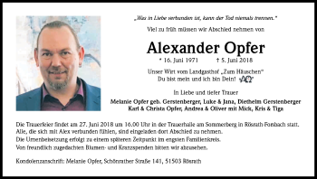 Anzeige von Alexander Opfer von Kölner Stadt-Anzeiger / Kölnische Rundschau / Express