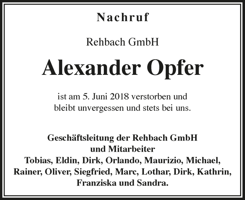  Traueranzeige für Alexander Opfer vom 27.06.2018 aus  Bergisches Handelsblatt 
