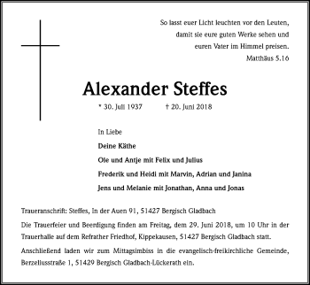 Anzeige von Alexander Steffes von Kölner Stadt-Anzeiger / Kölnische Rundschau / Express