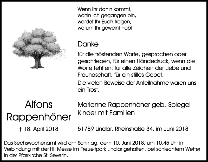  Traueranzeige für Alfons Rappenhöner vom 02.06.2018 aus Kölner Stadt-Anzeiger / Kölnische Rundschau / Express
