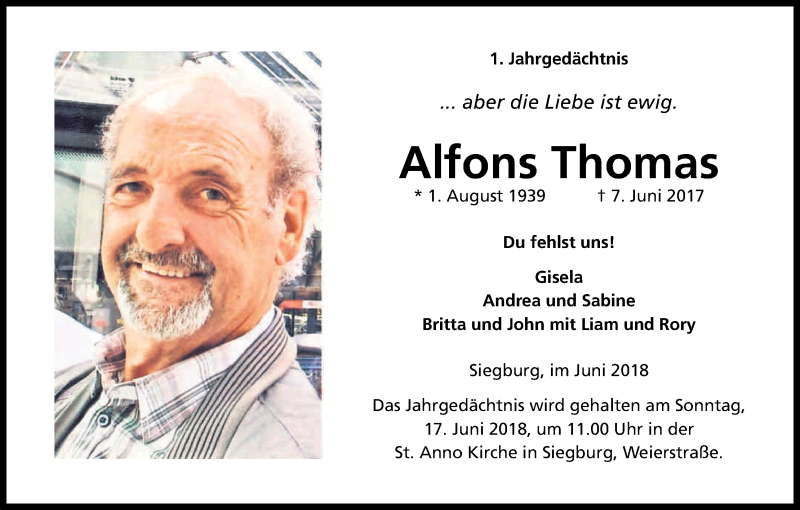 Traueranzeige für Alfons Thomas vom 07.06.2018 aus Kölner Stadt-Anzeiger / Kölnische Rundschau / Express