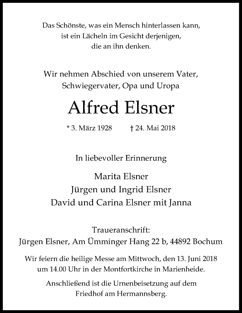  Traueranzeige für Alfred Elsner vom 06.06.2018 aus Kölner Stadt-Anzeiger / Kölnische Rundschau / Express