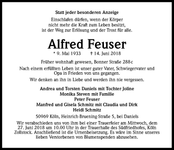 Anzeige von Alfred Feuser von Kölner Stadt-Anzeiger / Kölnische Rundschau / Express