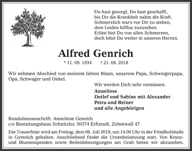  Traueranzeige für Alfred Genrich vom 27.06.2018 aus  Werbepost 