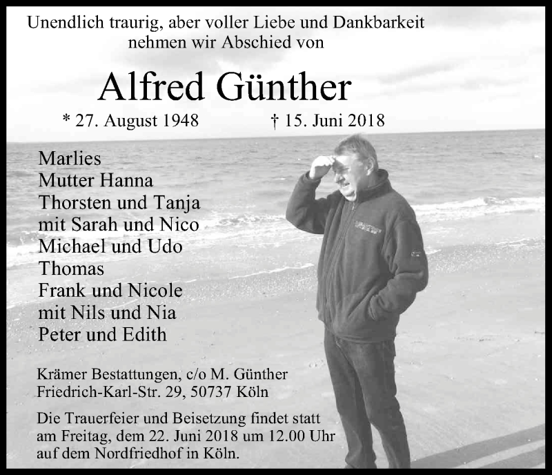  Traueranzeige für Alfred Günther vom 20.06.2018 aus Kölner Stadt-Anzeiger / Kölnische Rundschau / Express