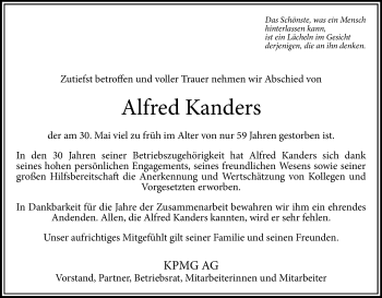 Anzeige von Alfred Kanders von Kölner Stadt-Anzeiger / Kölnische Rundschau / Express