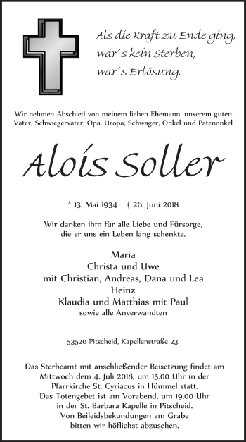 Anzeige von Alois Soller von  Blickpunkt Euskirchen 