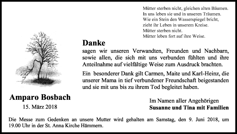  Traueranzeige für Amparo Bosbach vom 02.06.2018 aus Kölner Stadt-Anzeiger / Kölnische Rundschau / Express