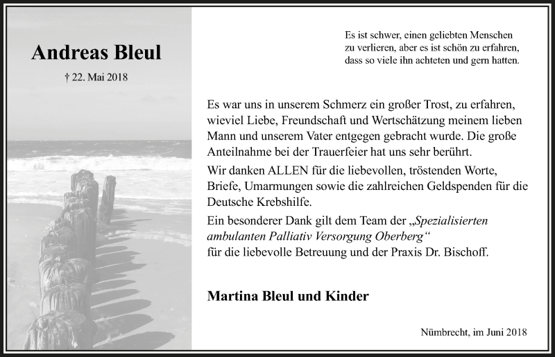  Traueranzeige für Andreas Bleul vom 27.06.2018 aus  Lokalanzeiger 