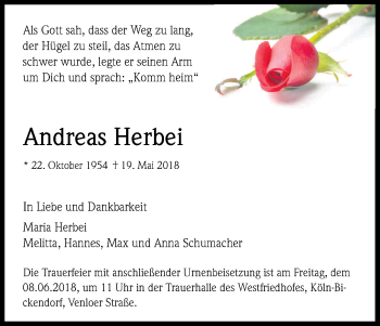 Anzeige von Andreas Herbei von Kölner Stadt-Anzeiger / Kölnische Rundschau / Express