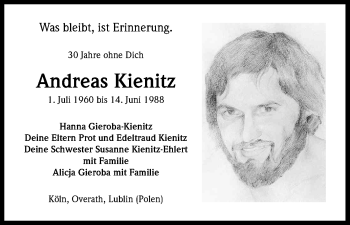 Anzeige von Andreas Kienitz von Kölner Stadt-Anzeiger / Kölnische Rundschau / Express