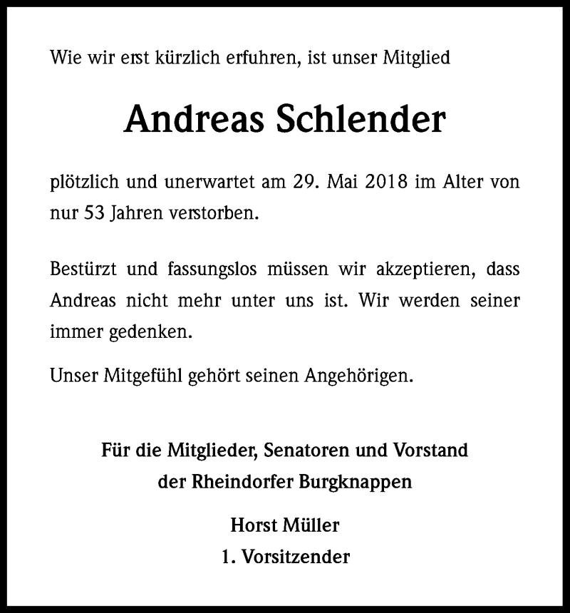  Traueranzeige für Andreas Schlender vom 20.06.2018 aus Kölner Stadt-Anzeiger / Kölnische Rundschau / Express