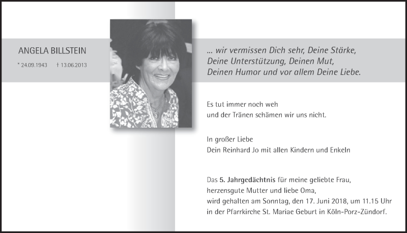  Traueranzeige für Angela Billstein vom 18.07.2023 aus  Kölner Wochenspiegel 