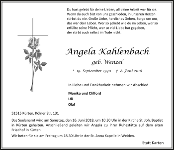 Anzeige von Angela Kahlenbach von  Bergisches Handelsblatt 