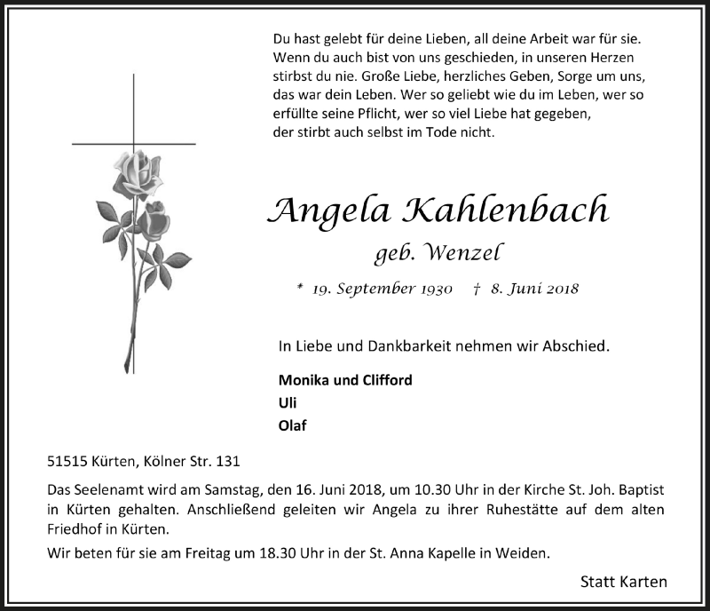  Traueranzeige für Angela Kahlenbach vom 13.06.2018 aus  Bergisches Handelsblatt 