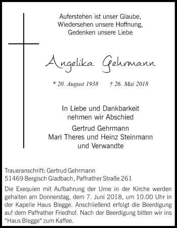 Anzeige von Angelika Gehrmann von Kölner Stadt-Anzeiger / Kölnische Rundschau / Express