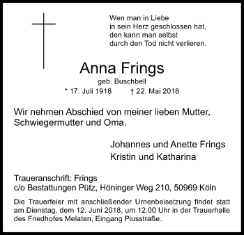 Anzeige von Anna Frings von Kölner Stadt-Anzeiger / Kölnische Rundschau / Express