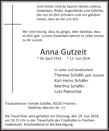 Anzeige von Anna Gutzeit von  Sonntags-Post 