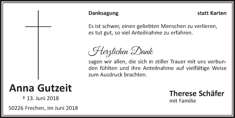  Traueranzeige für Anna Gutzeit vom 30.06.2018 aus  Sonntags-Post 