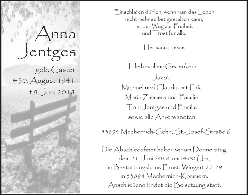  Traueranzeige für Anna Jentges vom 16.06.2018 aus  Blickpunkt Euskirchen 