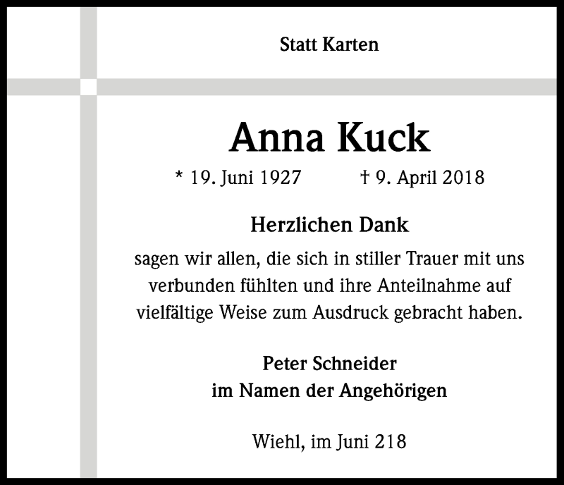  Traueranzeige für Anna Kuck vom 09.06.2018 aus Kölner Stadt-Anzeiger / Kölnische Rundschau / Express