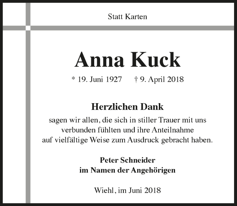  Traueranzeige für Anna Kuck vom 13.06.2018 aus  Anzeigen Echo 
