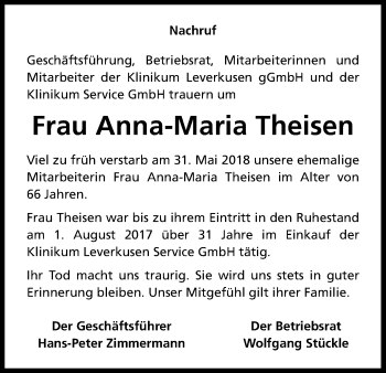 Anzeige von Anna-Maria Theisen von Kölner Stadt-Anzeiger / Kölnische Rundschau / Express