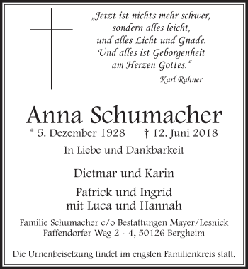 Anzeige von Anna Schumacher von  Sonntags-Post 