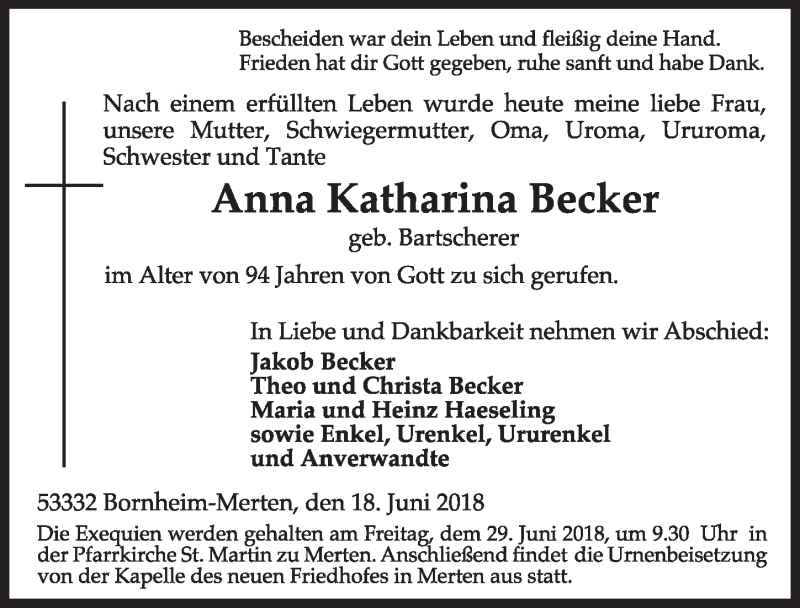  Traueranzeige für Anna Katharina Becker vom 27.06.2018 aus  Schlossbote/Werbekurier 