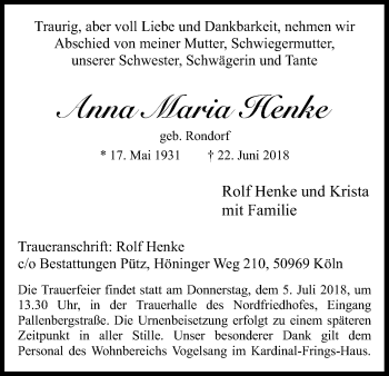 Anzeige von Anna Maria Henke von Kölner Stadt-Anzeiger / Kölnische Rundschau / Express
