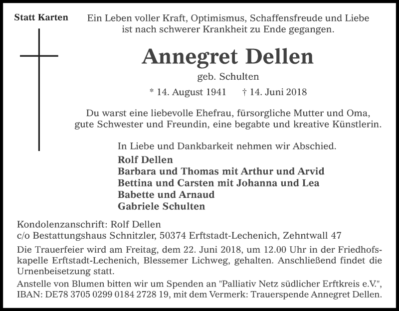  Traueranzeige für Annegret Dellen vom 18.06.2018 aus Kölner Stadt-Anzeiger / Kölnische Rundschau / Express