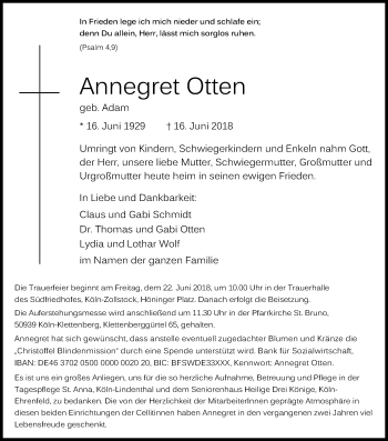 Anzeige von Annegret Otten von Kölner Stadt-Anzeiger / Kölnische Rundschau / Express