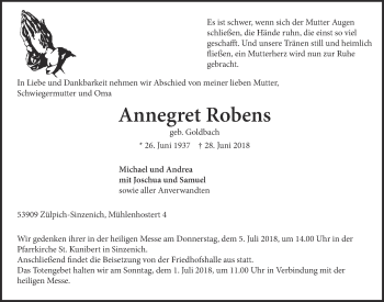 Anzeige von Annegret Robens von  Blickpunkt Euskirchen 