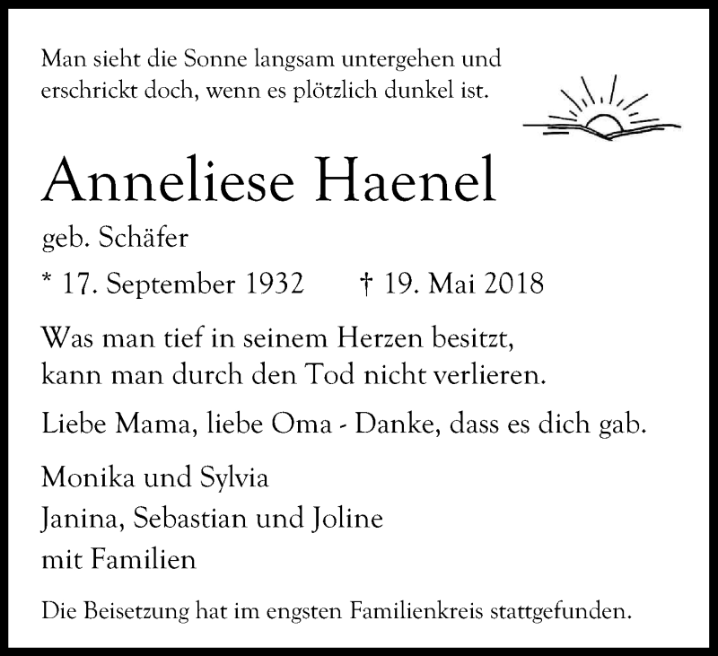  Traueranzeige für Anneliese Haenel vom 06.06.2018 aus Kölner Stadt-Anzeiger / Kölnische Rundschau / Express
