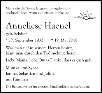 Anzeige von Anneliese Haenel von Kölner Stadt-Anzeiger / Kölnische Rundschau / Express