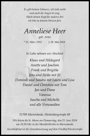 Anzeige von Anneliese Heer von Kölner Stadt-Anzeiger / Kölnische Rundschau / Express