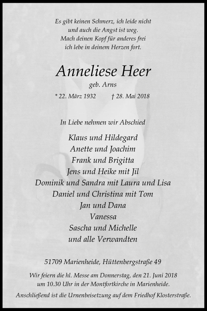  Traueranzeige für Anneliese Heer vom 09.06.2018 aus Kölner Stadt-Anzeiger / Kölnische Rundschau / Express