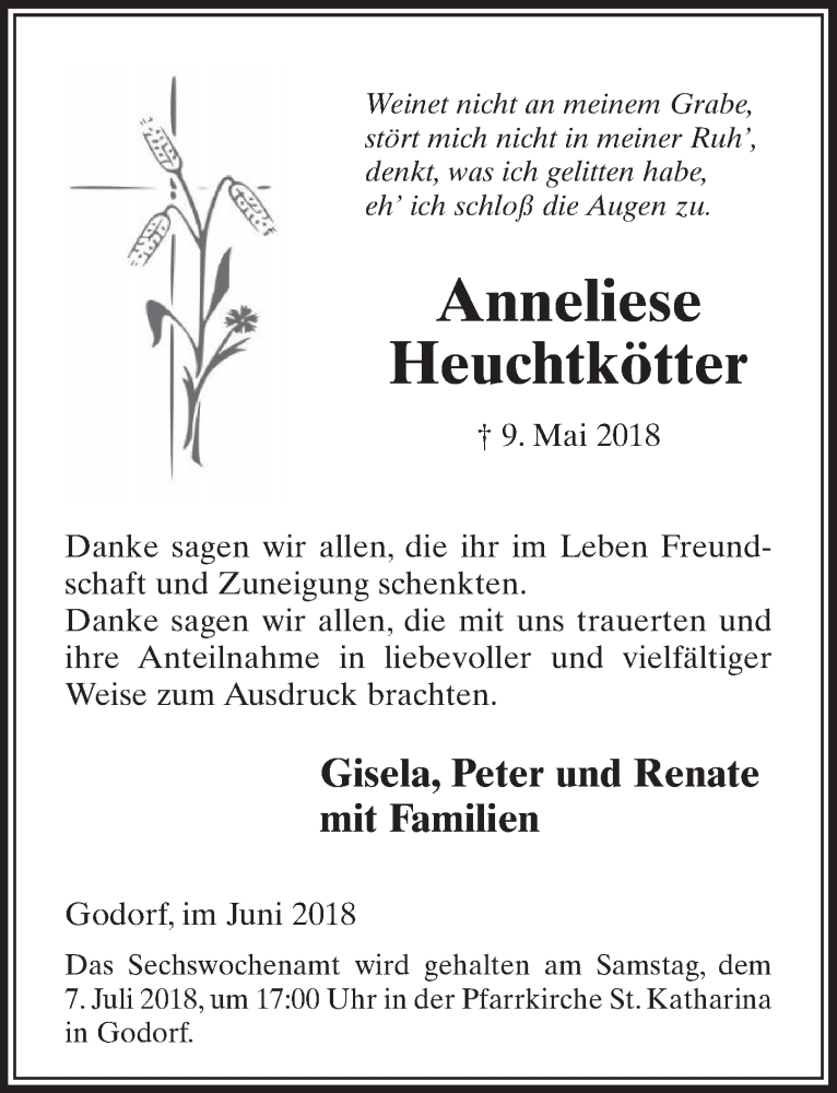  Traueranzeige für Anneliese Heuchtkötter vom 27.06.2018 aus  Kölner Wochenspiegel 
