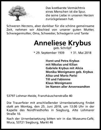 Anzeige von Anneliese Krybus von Kölner Stadt-Anzeiger / Kölnische Rundschau / Express