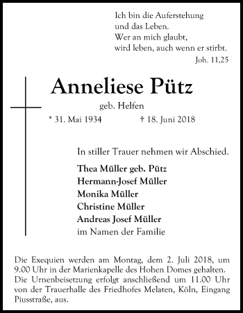 Anzeige von Anneliese Pütz von Kölner Stadt-Anzeiger / Kölnische Rundschau / Express