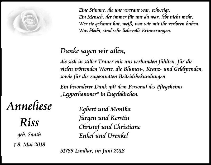 Traueranzeige für Anneliese Riss vom 23.06.2018 aus Kölner Stadt-Anzeiger / Kölnische Rundschau / Express