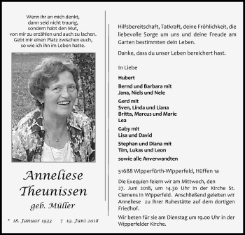Anzeige von Anneliese Theunissen von Kölner Stadt-Anzeiger / Kölnische Rundschau / Express