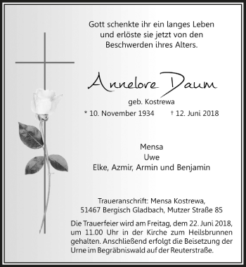 Anzeige von Annelore Daum von  Bergisches Handelsblatt 