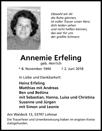 Anzeige von Annemie Erfeling von Kölner Stadt-Anzeiger / Kölnische Rundschau / Express