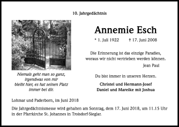 Anzeige von Annemie Esch von Kölner Stadt-Anzeiger / Kölnische Rundschau / Express
