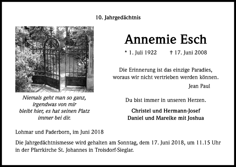  Traueranzeige für Annemie Esch vom 09.06.2018 aus Kölner Stadt-Anzeiger / Kölnische Rundschau / Express