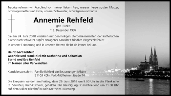 Anzeige von Annemie Rehfeld von Kölner Stadt-Anzeiger / Kölnische Rundschau / Express