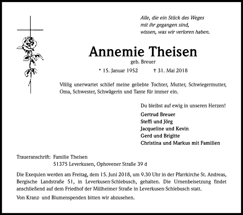  Traueranzeige für Annemie Theisen vom 09.06.2018 aus Kölner Stadt-Anzeiger / Kölnische Rundschau / Express