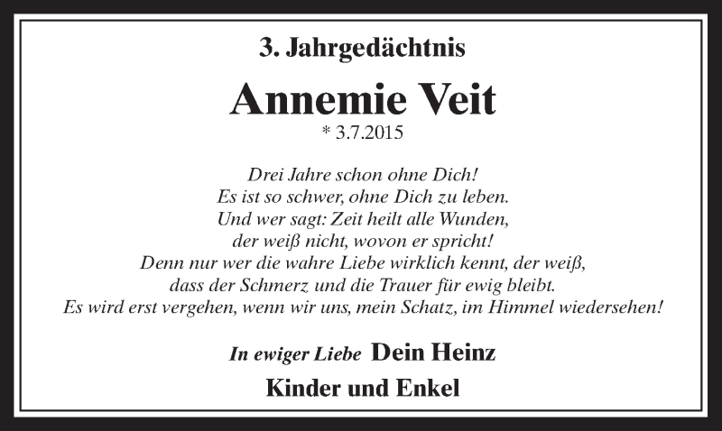  Traueranzeige für Annemie Veit vom 27.06.2018 aus  Werbepost 